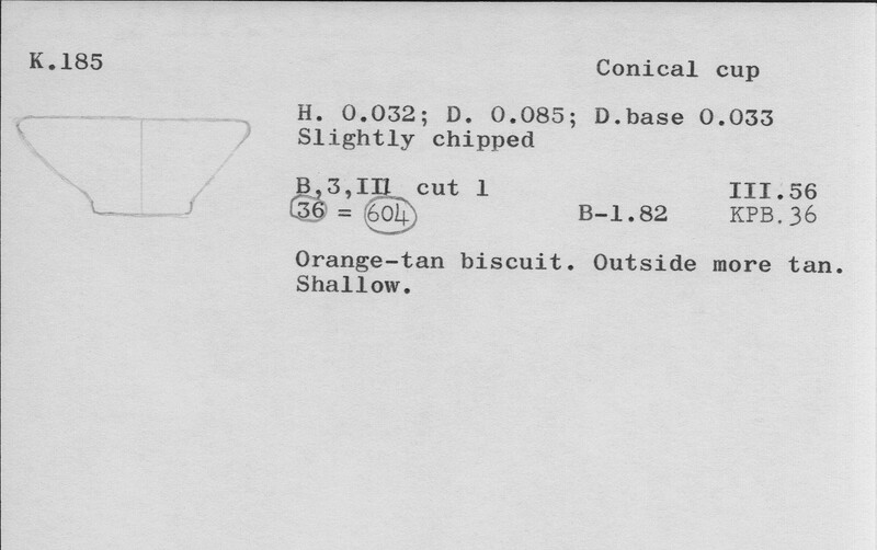 Index card with typed and handwritten information, sometimes including a sketch, of pottery from an excavation.