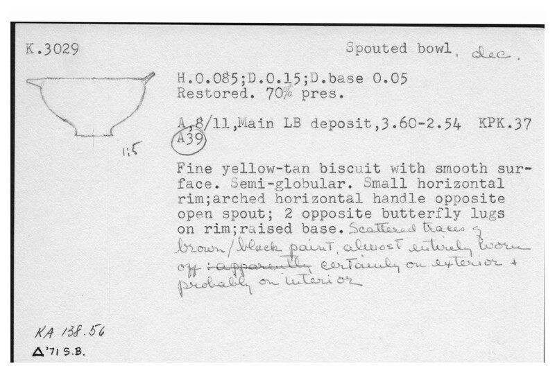 Index card with typed and handwritten information, sometimes including a sketch, of pottery from an excavation.