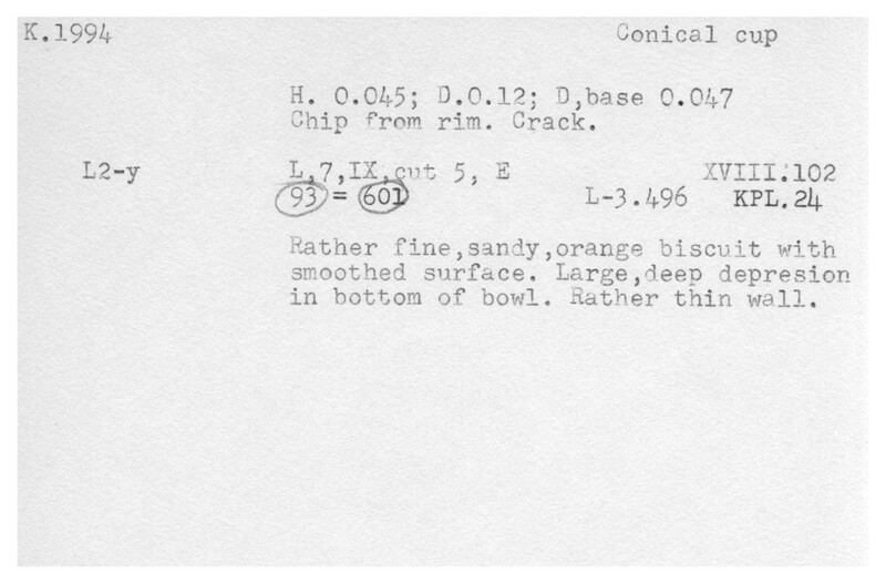 Index card with typed and handwritten information, sometimes including a sketch, of pottery from an excavation.