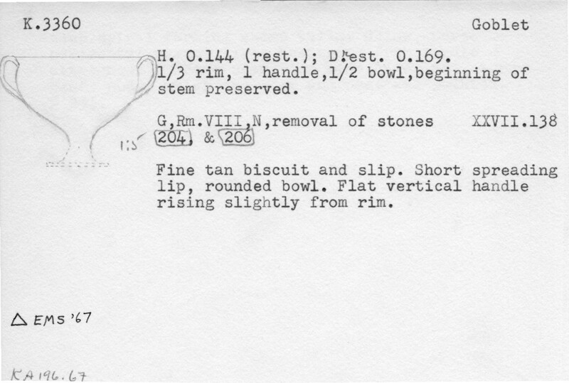 Index card with typed and handwritten information, sometimes including a sketch, of pottery from an excavation.