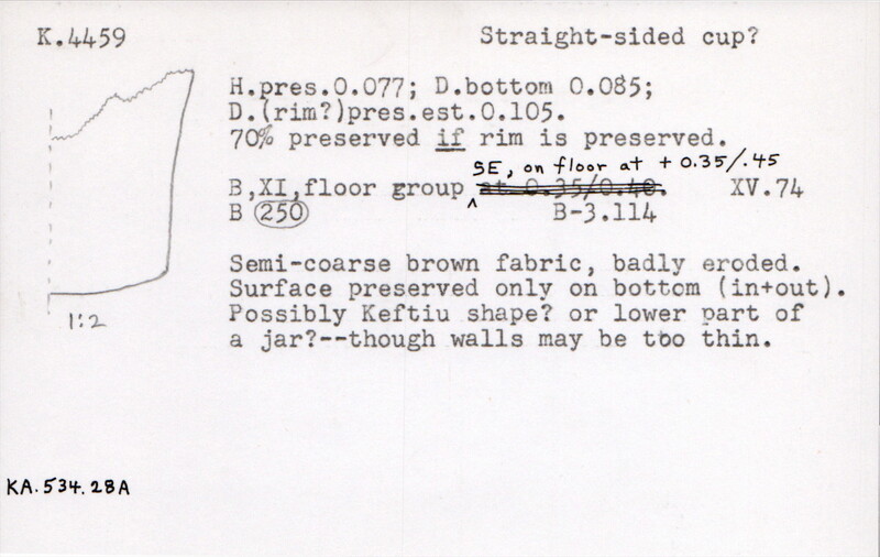 Index card with typed and handwritten information, sometimes including a sketch, of pottery from an excavation.