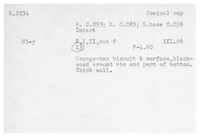 Index card with typed and handwritten information, sometimes including a sketch, of pottery from an excavation.