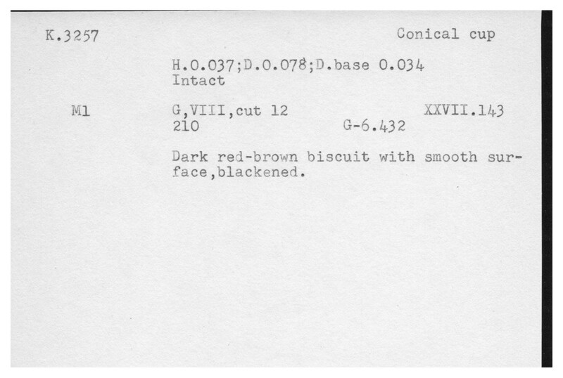 Index card with typed and handwritten information, sometimes including a sketch, of pottery from an excavation.