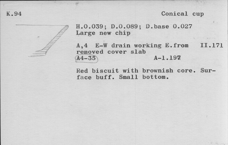 Index card with typed and handwritten information, sometimes including a sketch, of pottery from an excavation.