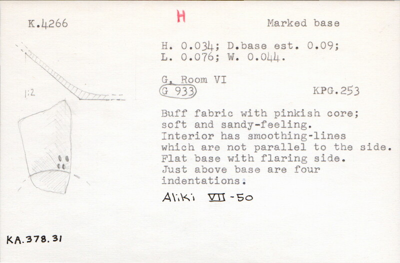 Index card with typed and handwritten information, sometimes including a sketch, of pottery from an excavation.