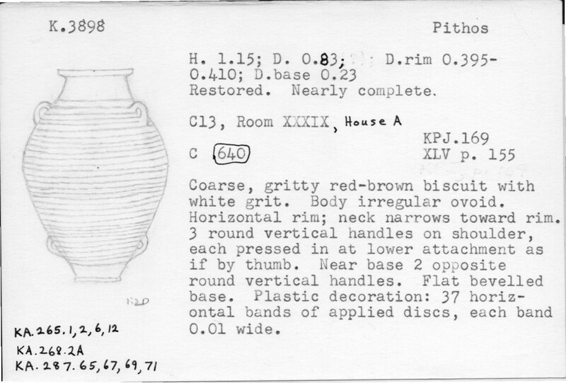 Index card with typed and handwritten information, sometimes including a sketch, of pottery from an excavation.