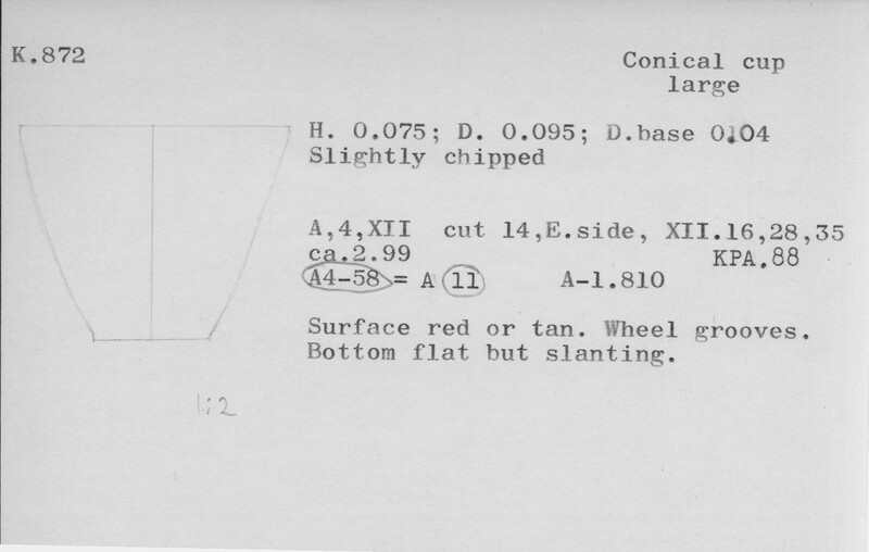 Index card with typed and handwritten information, sometimes including a sketch, of pottery from an excavation.