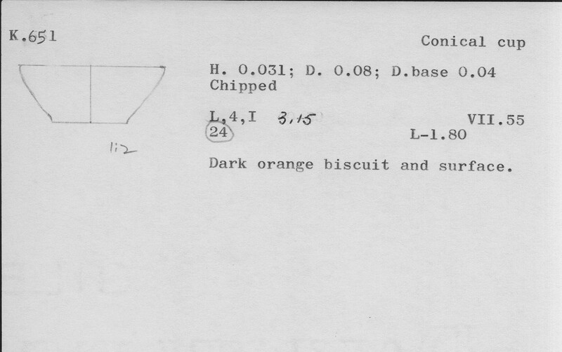 Index card with typed and handwritten information, sometimes including a sketch, of pottery from an excavation.