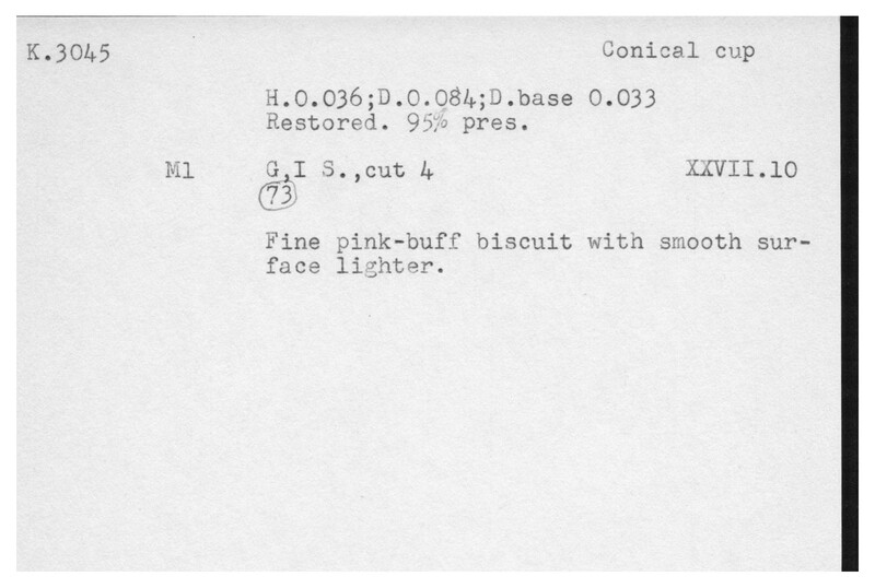 Index card with typed and handwritten information, sometimes including a sketch, of pottery from an excavation.