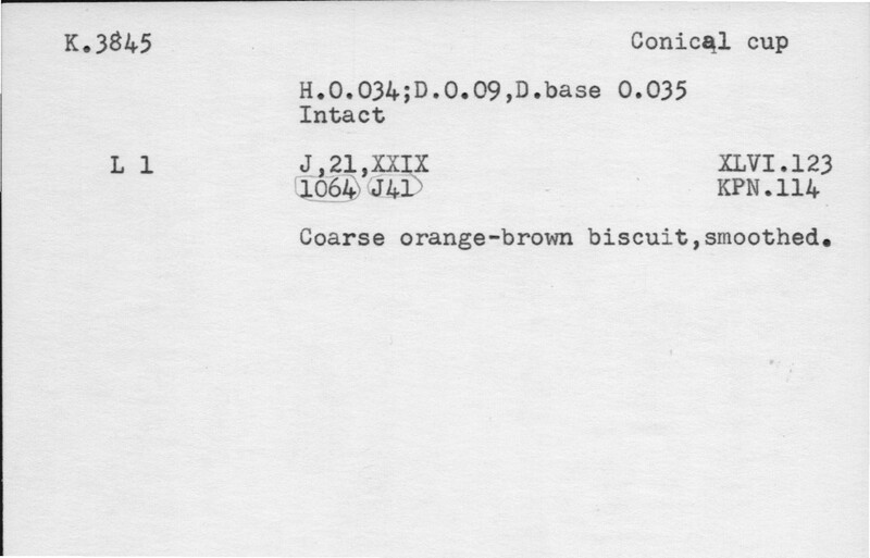 Index card with typed and handwritten information, sometimes including a sketch, of pottery from an excavation.