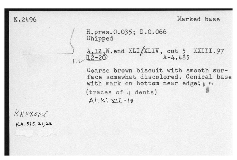 Index card with typed and handwritten information, sometimes including a sketch, of pottery from an excavation.