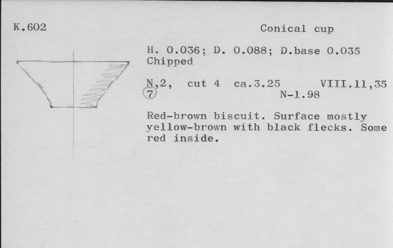 Index card with typed and handwritten information, sometimes including a sketch, of pottery from an excavation.