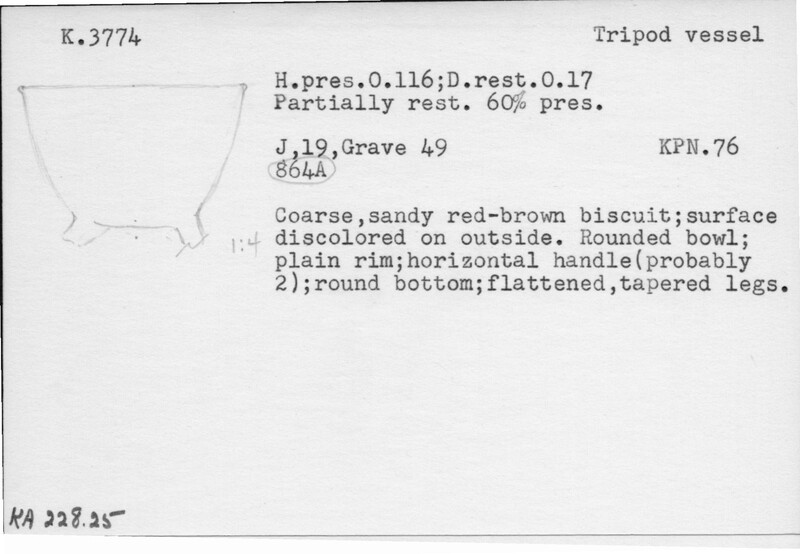 Index card with typed and handwritten information, sometimes including a sketch, of pottery from an excavation.