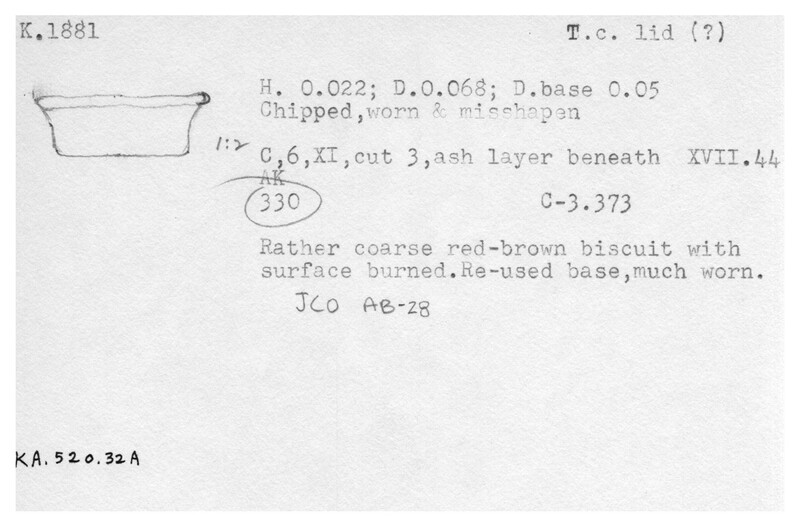 Index card with typed and handwritten information, sometimes including a sketch, of pottery from an excavation.