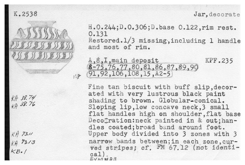 Index card with typed and handwritten information, sometimes including a sketch, of pottery from an excavation.