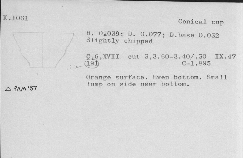 Index card with typed and handwritten information, sometimes including a sketch, of pottery from an excavation.