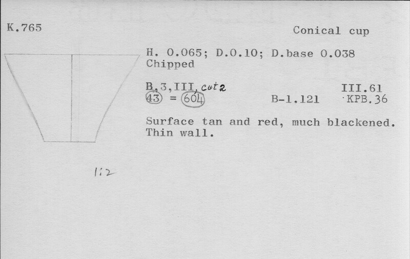 Index card with typed and handwritten information, sometimes including a sketch, of pottery from an excavation.
