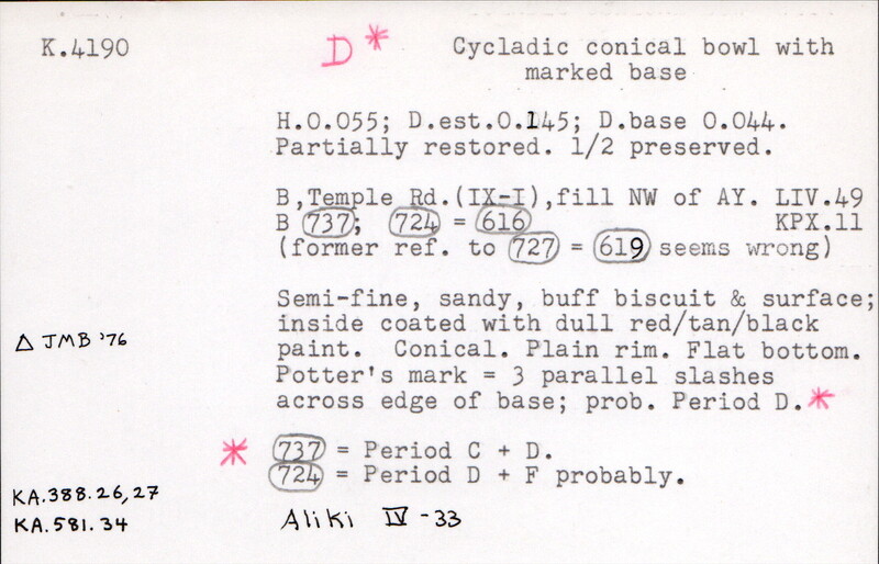 Index card with typed and handwritten information, sometimes including a sketch, of pottery from an excavation.