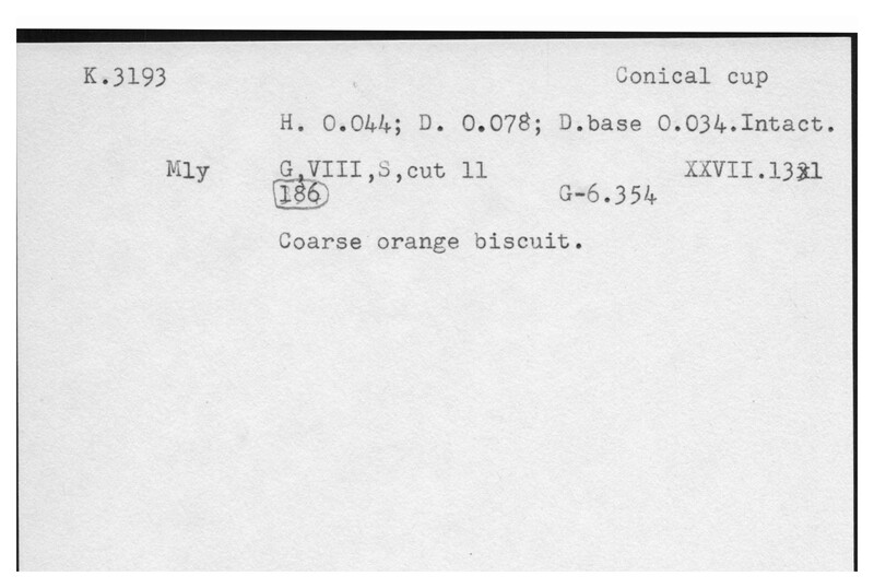 Index card with typed and handwritten information, sometimes including a sketch, of pottery from an excavation.