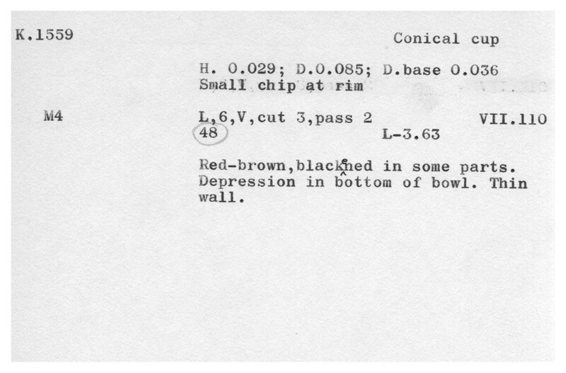 Index card with typed and handwritten information, sometimes including a sketch, of pottery from an excavation.