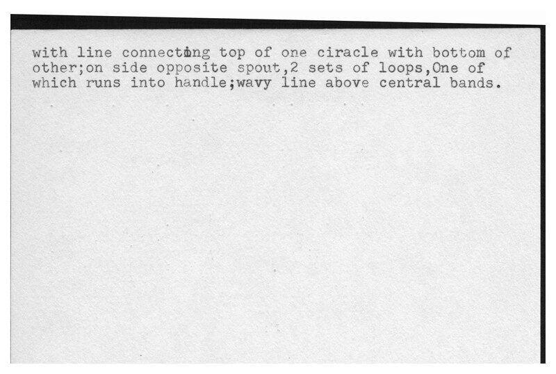 Index card with typed and handwritten information, sometimes including a sketch, of pottery from an excavation.