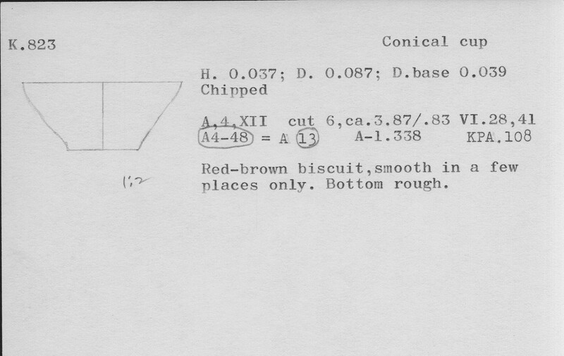 Index card with typed and handwritten information, sometimes including a sketch, of pottery from an excavation.