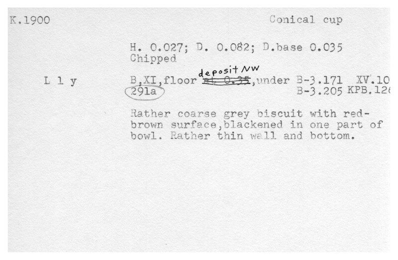 Index card with typed and handwritten information, sometimes including a sketch, of pottery from an excavation.
