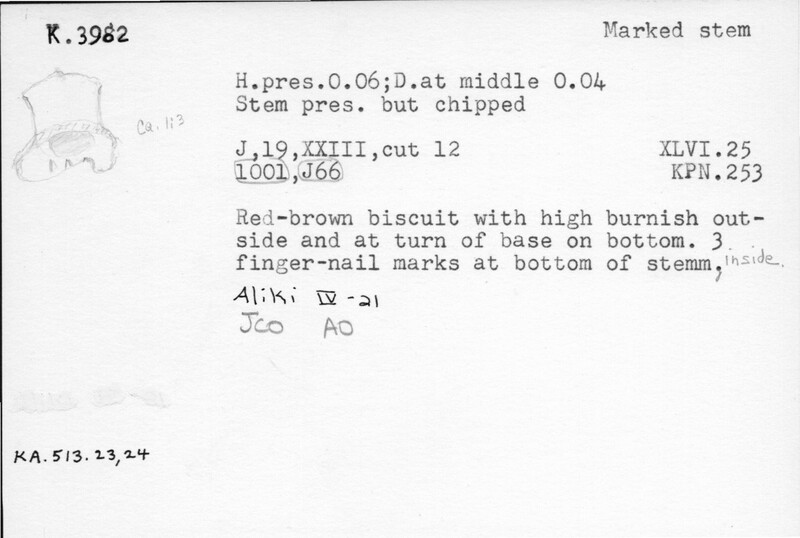 Index card with typed and handwritten information, sometimes including a sketch, of pottery from an excavation.