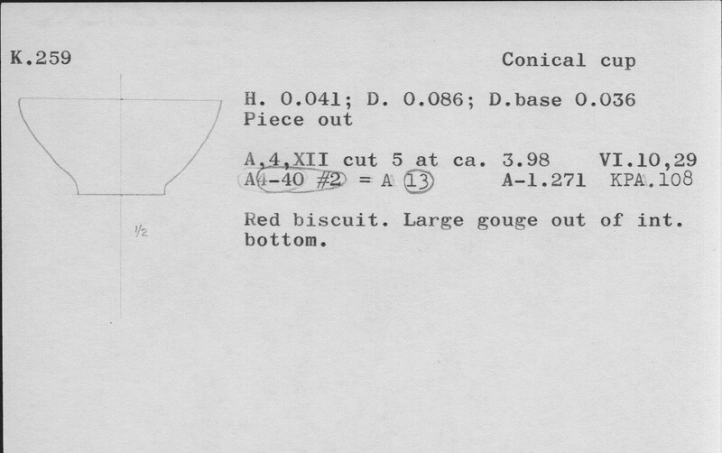 Index card with typed and handwritten information, sometimes including a sketch, of pottery from an excavation.