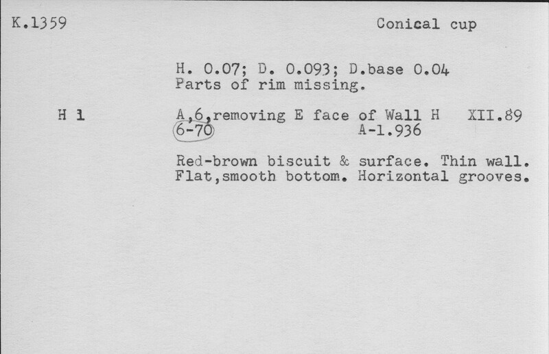 Index card with typed and handwritten information, sometimes including a sketch, of pottery from an excavation.