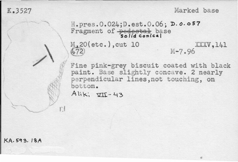 Index card with typed and handwritten information, sometimes including a sketch, of pottery from an excavation.