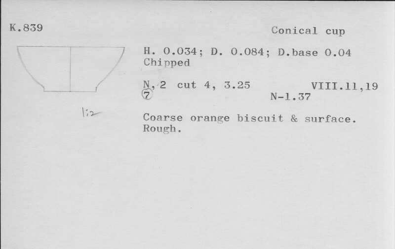 Index card with typed and handwritten information, sometimes including a sketch, of pottery from an excavation.