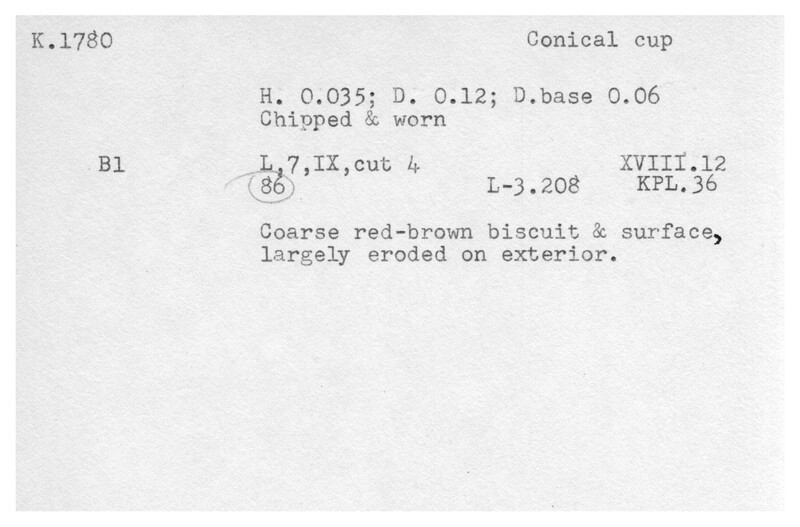 Index card with typed and handwritten information, sometimes including a sketch, of pottery from an excavation.