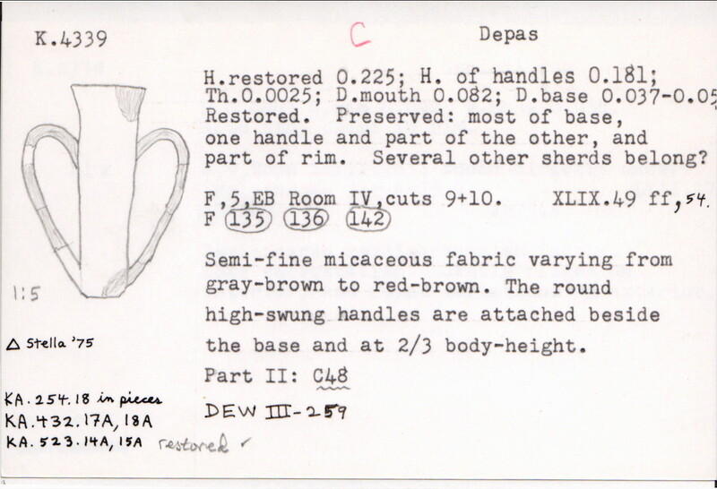 Index card with typed and handwritten information, sometimes including a sketch, of pottery from an excavation.