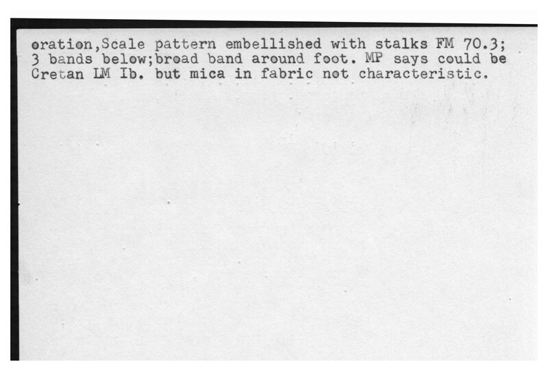 Index card with typed and handwritten information, sometimes including a sketch, of pottery from an excavation.