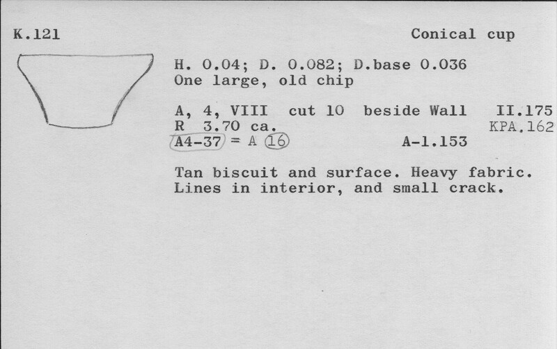 Index card with typed and handwritten information, sometimes including a sketch, of pottery from an excavation.