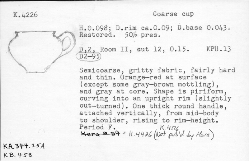 Index card with typed and handwritten information, sometimes including a sketch, of pottery from an excavation.