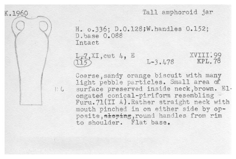 Index card with typed and handwritten information, sometimes including a sketch, of pottery from an excavation.