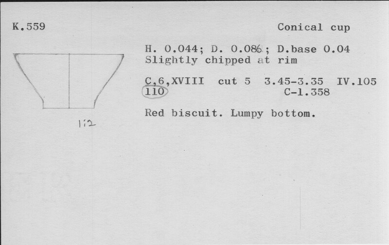 Index card with typed and handwritten information, sometimes including a sketch, of pottery from an excavation.