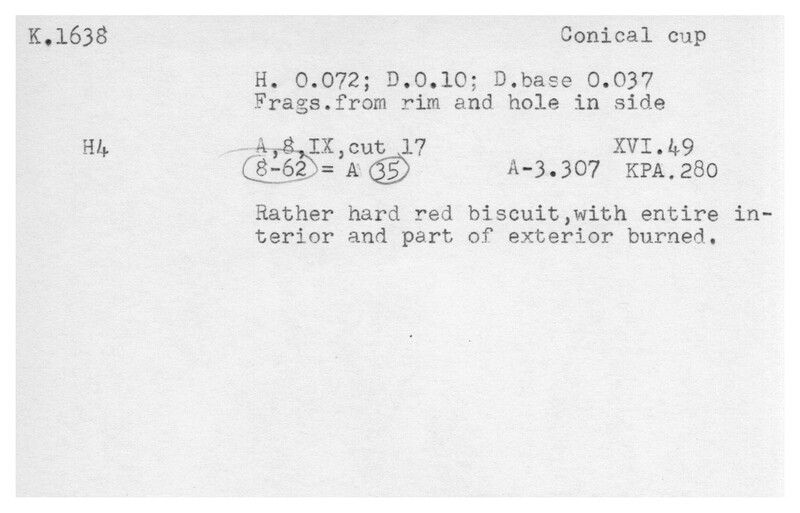 Index card with typed and handwritten information, sometimes including a sketch, of pottery from an excavation.