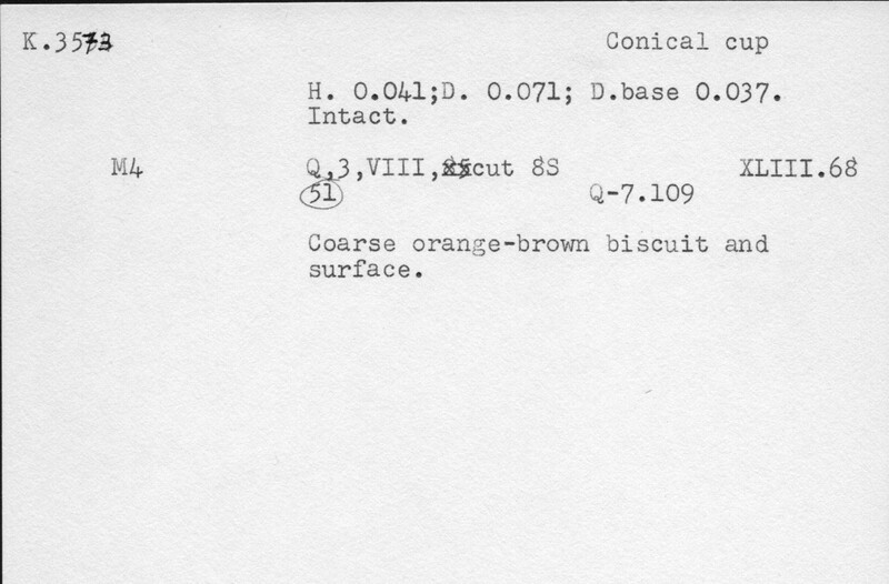 Index card with typed and handwritten information, sometimes including a sketch, of pottery from an excavation.