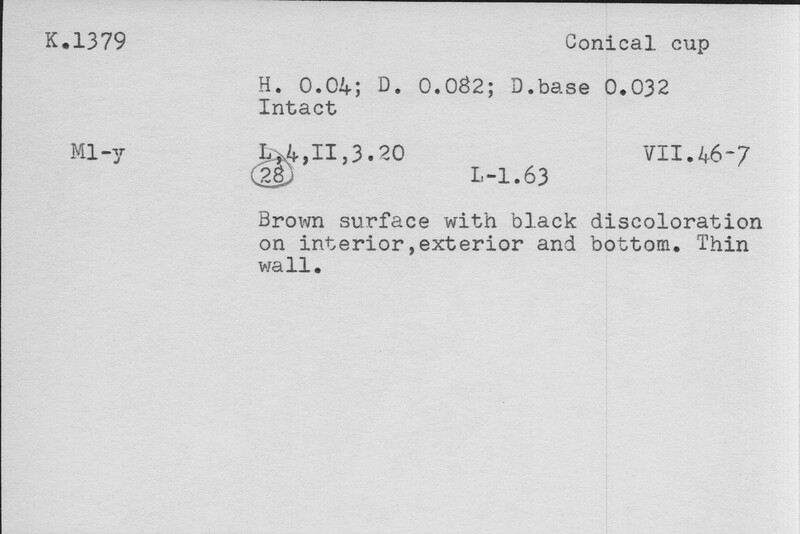 Index card with typed and handwritten information, sometimes including a sketch, of pottery from an excavation.