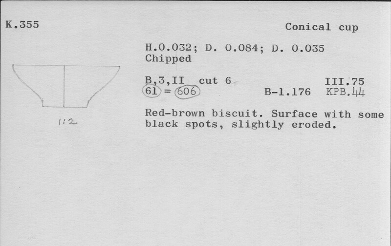 Index card with typed and handwritten information, sometimes including a sketch, of pottery from an excavation.