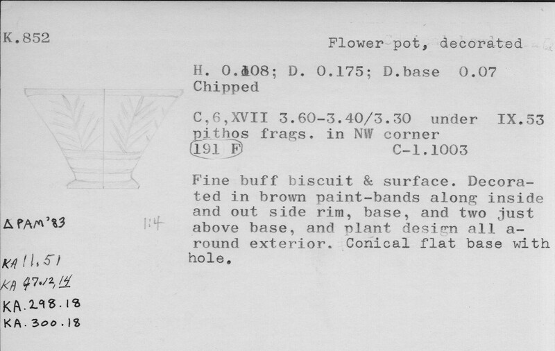Index card with typed and handwritten information, sometimes including a sketch, of pottery from an excavation.