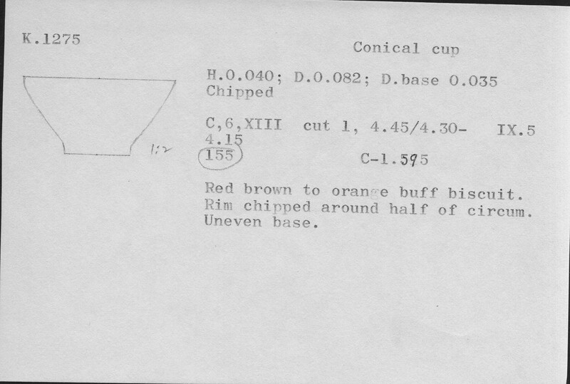 Index card with typed and handwritten information, sometimes including a sketch, of pottery from an excavation.