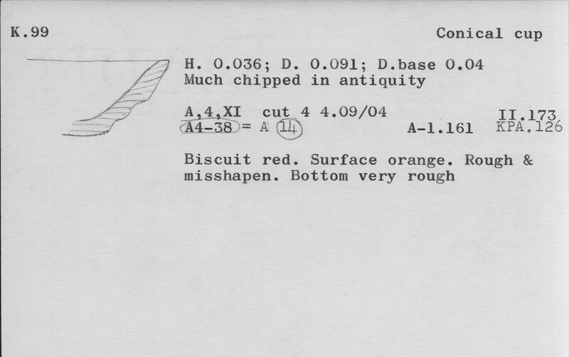Index card with typed and handwritten information, sometimes including a sketch, of pottery from an excavation.