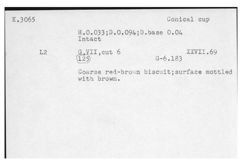 Index card with typed and handwritten information, sometimes including a sketch, of pottery from an excavation.