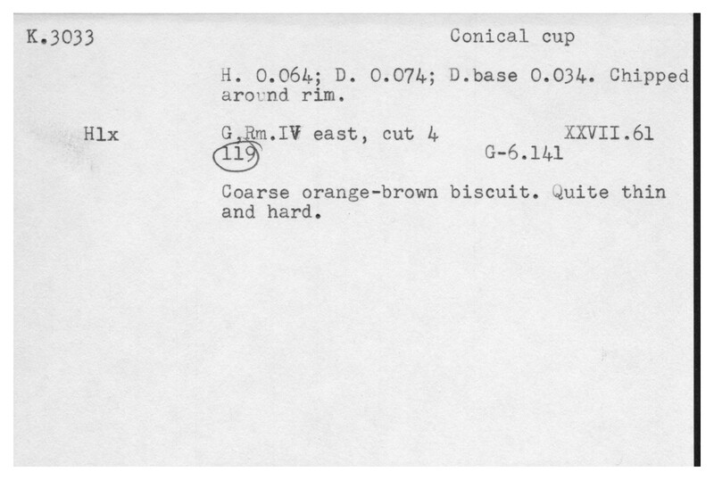 Index card with typed and handwritten information, sometimes including a sketch, of pottery from an excavation.