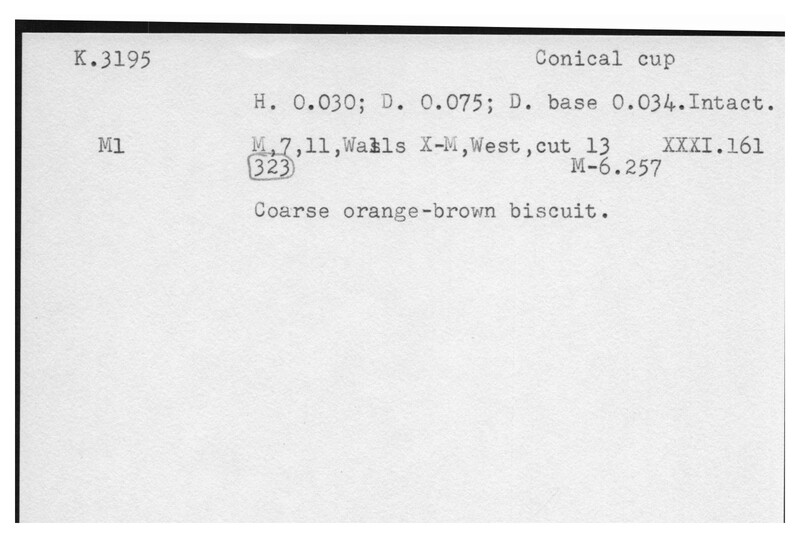 Index card with typed and handwritten information, sometimes including a sketch, of pottery from an excavation.