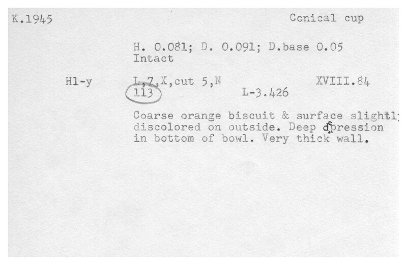 Index card with typed and handwritten information, sometimes including a sketch, of pottery from an excavation.